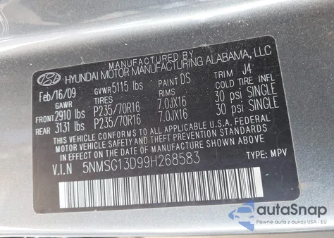 2009 Hyundai Santa Fe Gls from USA, damaged, VIN 5NMSG13D99H268583